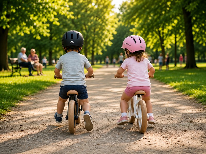 Zwei Kinder fahren gemeinsam mit Moreez Laufrädern im Park
