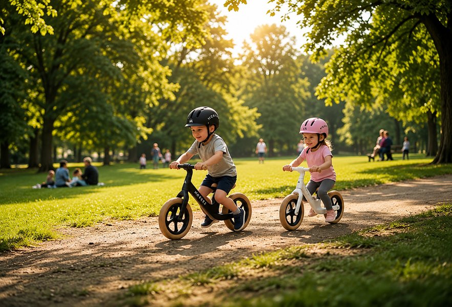 Zwei Kinder fahren auf Moreez Laufrädern durch den Park