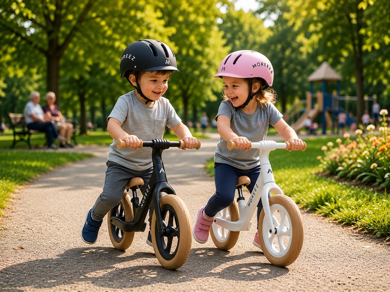 Zwei Kinder mit Moreez Helmen lachen sich an im Park